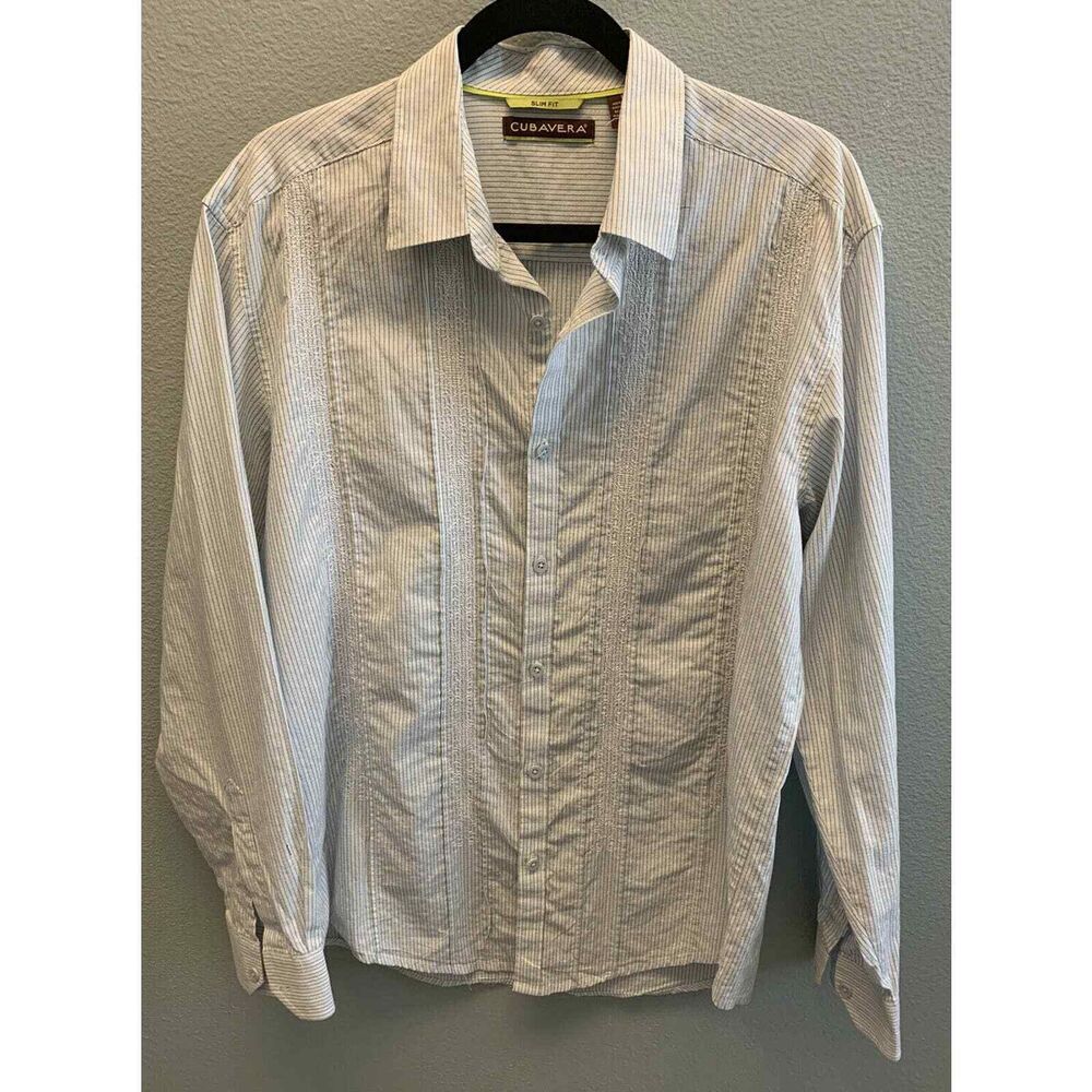Cubavera Men's Slim Fit Long Sleeve Pintuck Embroiderey Panel Shirt L Blue